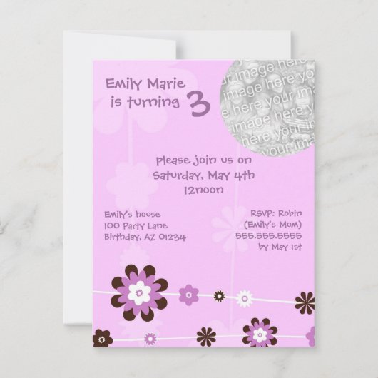 Paarse Bloemenmeisje - Brithday Party Kaart (Voorkant)