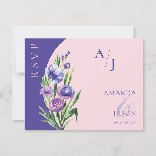 Paarse bloemenmonogram elegante blush roze bruilof RSVP kaartje (Voorkant)