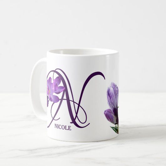 paarse bloemenNicole naam monogram Koffiemok (Voorkant links)