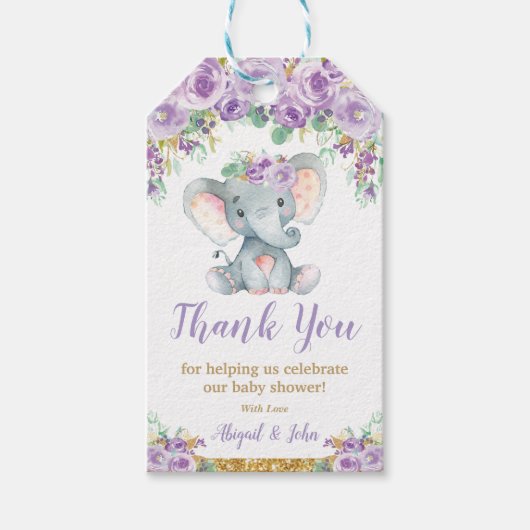 Paarse bloemenolifant Baby shower dank u Cadeaulabel (Voorkant)