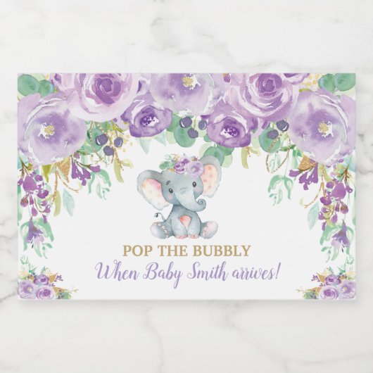 Paarse Bloemenolifant Baby shower Pop de Bubble Sparkling Wijnetiket (Enkel label)