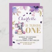 Paarse Bloemenolifant Boho Verjaardag Kaart (Voorkant / Achterkant)