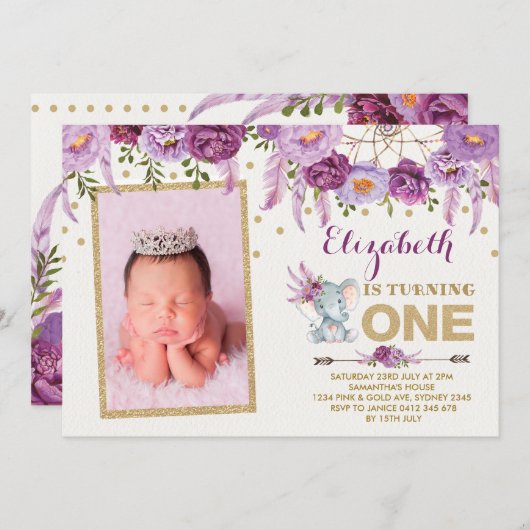 Paarse bloemenolifant eerste 1e verjaardag kaart (Voorkant / Achterkant)