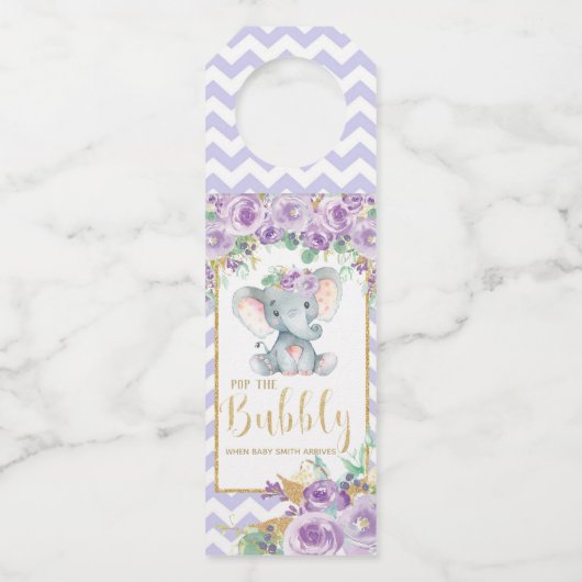 Paarse Bloemenolifant Pop de Bubbly Champagne Flessenhanger (Voorkant)