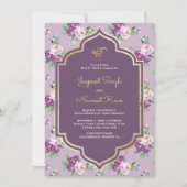 Paarse bloemenpatroon Anand Karaj Sikh bruiloft Kaart (Voorkant)