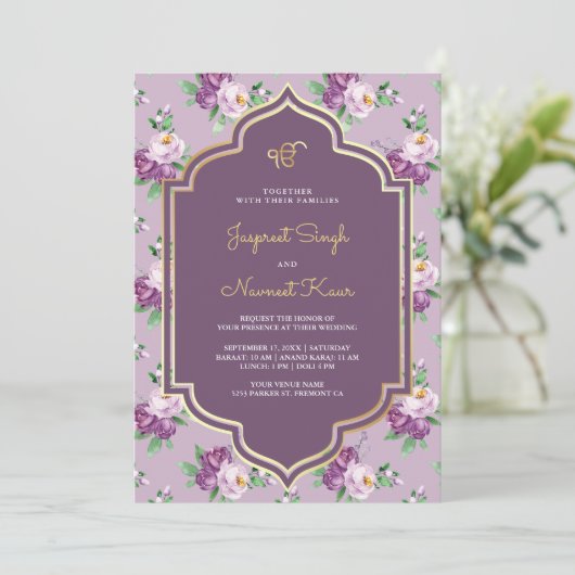 Paarse bloemenpatroon Anand Karaj Sikh bruiloft Kaart (Staand voorkant)
