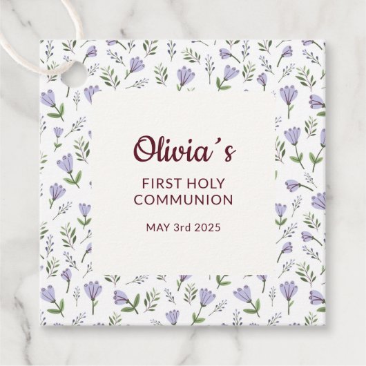 Paarse bloemenpatroon eerste communie bedankjes labels (Voorkant)