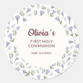 Paarse bloemenpatroon eerste communie ronde sticker (Voorkant)