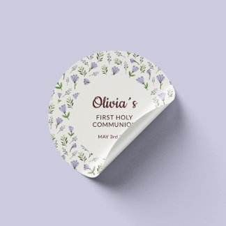 Paarse bloemenpatroon eerste communie ronde sticker