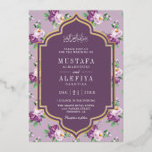 Paarse bloemenpatroon moslim bruiloft goud folie uitnodiging (Voorkant)