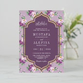 Paarse bloemenpatroon moslim bruiloft goud folie uitnodiging (Staand Voorkant)