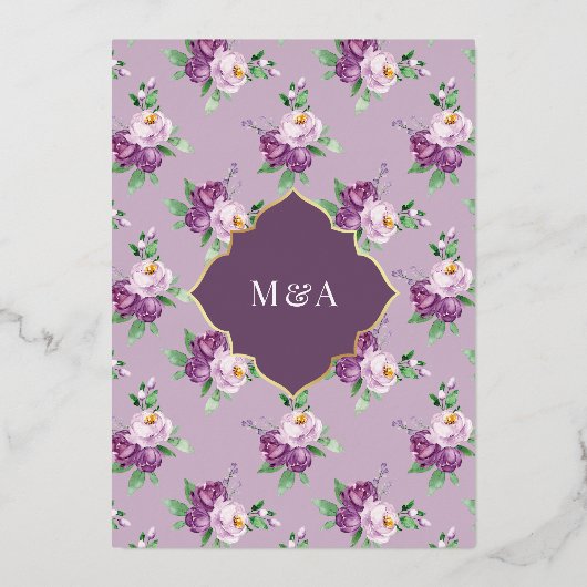 Paarse bloemenpatroon moslim bruiloft goud folie uitnodiging (Achterkant)
