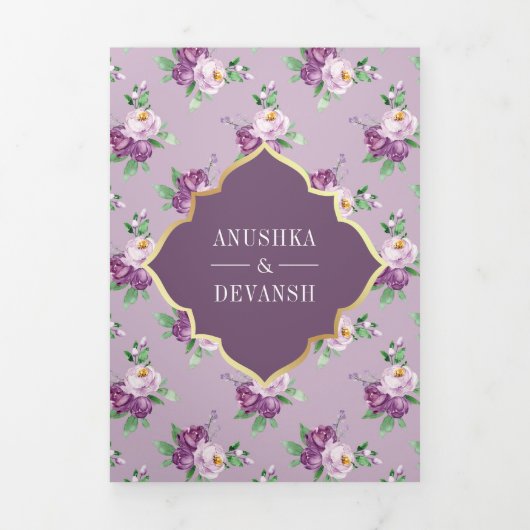 Paarse bloemenpatroon QR-code Indiase bruiloft Drieluik Uitnodiging (Cover)