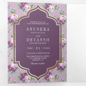 Paarse bloemenpatroon QR-code Indiase bruiloft Drieluik Uitnodiging (Binnenzijde eerst)