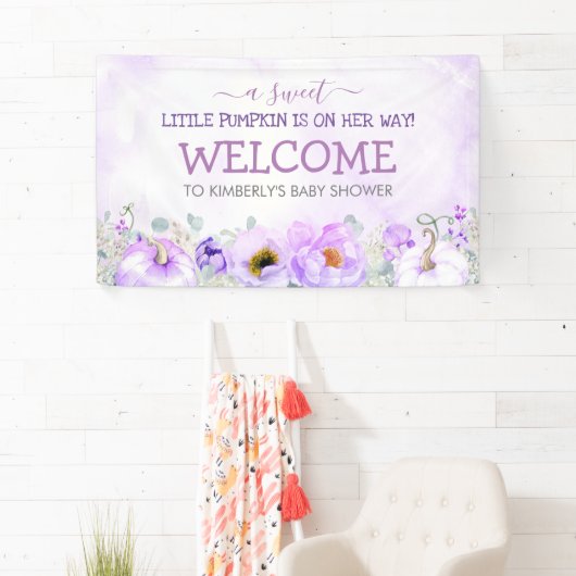 Paarse Bloemenpompoenen Herfst Baby shower Welkom Spandoek (Insitu)