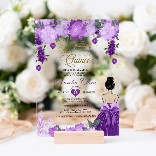 Paarse Bloemenprinses Mis Quince Quinceañera Acryl Uitnodigingen