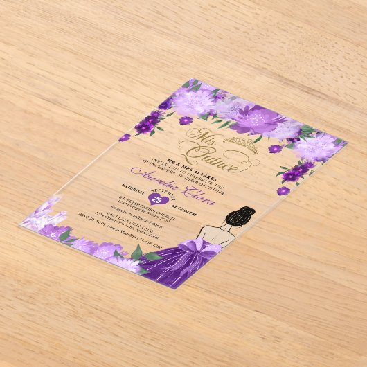 Paarse Bloemenprinses Mis Quince Quinceañera Acryl Uitnodigingen (Laagn)