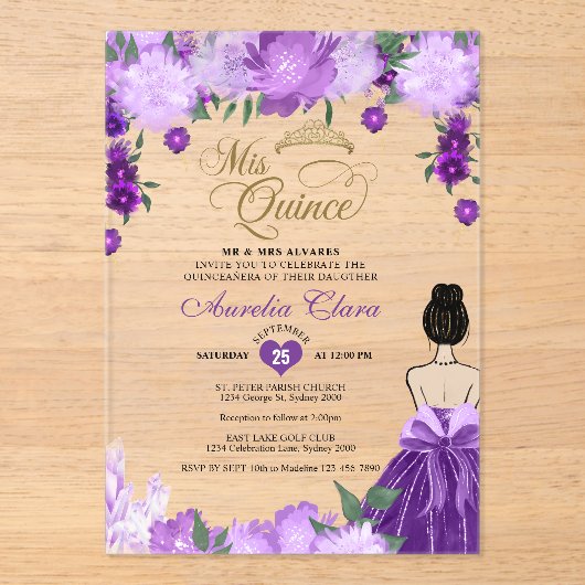 Paarse Bloemenprinses Mis Quince Quinceañera Acryl Uitnodigingen (Voorkant)