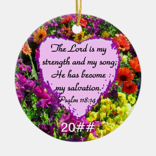 PAARSE BLOEMENPSALM 118:14 FOTO KERAMISCH ORNAMENT (Voorkant)