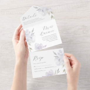 Paarse bloemenquinceanera 15 jaar All In One Uitnodiging