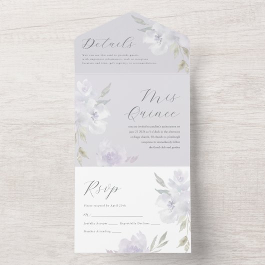 Paarse bloemenquinceanera 15 jaar All In One Uitnodiging (Binnen)