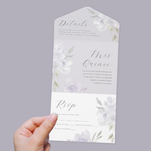  Paarse bloemenquinceanera 15 jaar All In One Uitnodiging