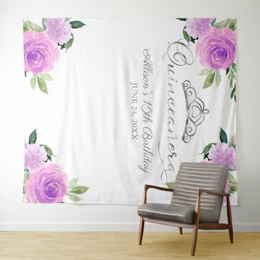 Paarse bloemenquinceanera achtergrond wandkleed (In Situ (horizontaal))
