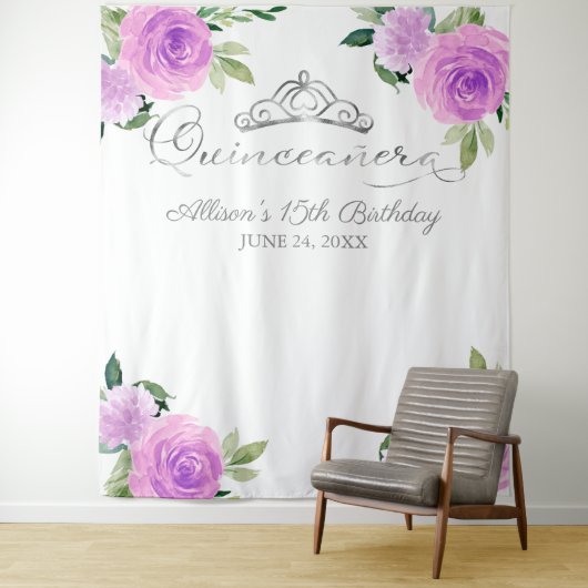 Paarse bloemenquinceanera achtergrond wandkleed (In situ)