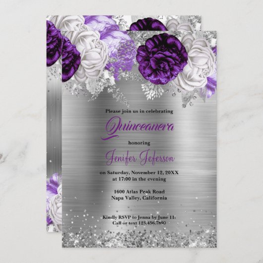 Paarse bloemenquinceanera Uitnodiging (Voorkant / Achterkant)