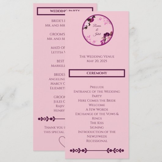 Paarse Bloemenring Trouwprogramma Programmakaart (Voorkant / Achterkant)
