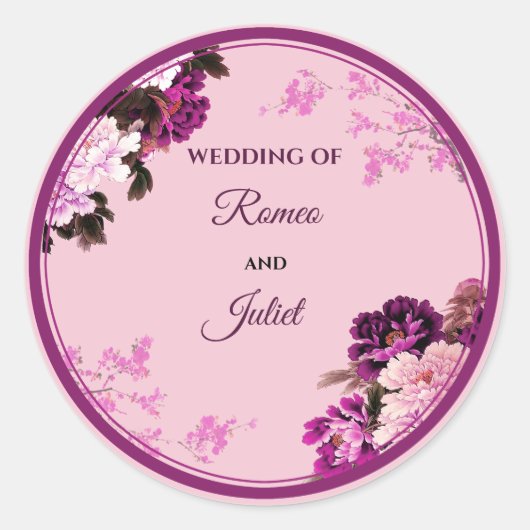 Paarse Bloemenring Trouwronde Stickers (Voorkant)