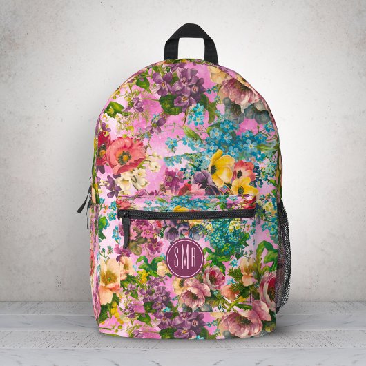  paarse bloemenroze patroonmonogram bedrukte rugzak