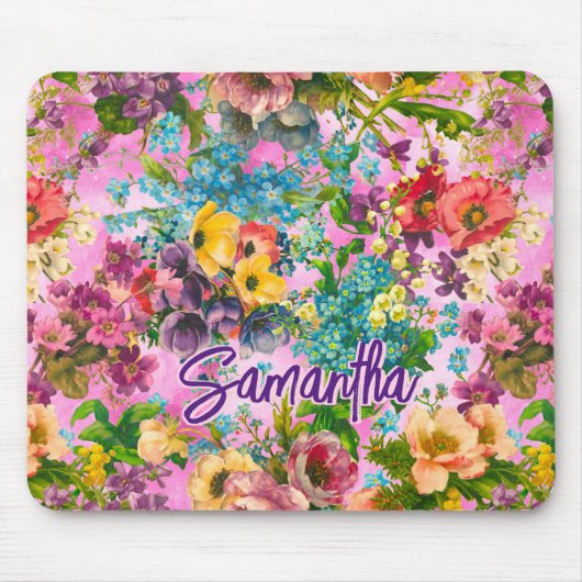  paarse bloemenroze patroonmonogram muismat (Voorkant)