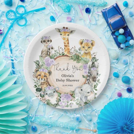 Paarse Bloemensafari Wilde Dieren Verjaardagsgunst Papieren Bordje (Feest)