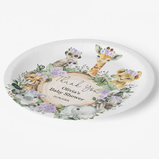 Paarse Bloemensafari Wilde Dieren Verjaardagsgunst Papieren Bordje (Gekanteld)