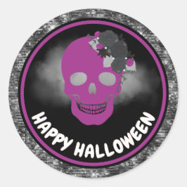 Paarse Bloemenschedel & Zwarte Glitter Halloween Ronde Sticker