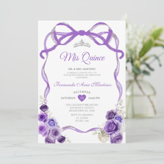 Paarse bloemenslinger lint zilveren kroon Mis Quin Kaart (Staand voorkant)