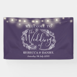 Paarse bloemenslingers script huwelijksdecoratie spandoek