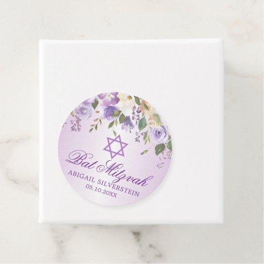 Paarse Bloemenster David Bat Mitzvah Dank u Bedankjes Labels (In situ)