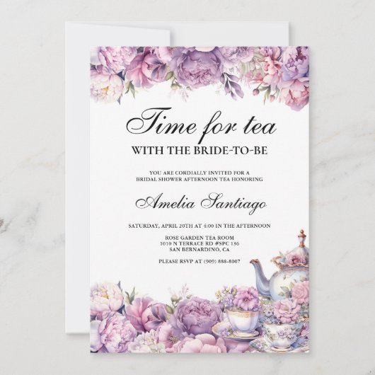 Paarse bloementhee met bruid om Vrijgezellenfeest Kaart (Voorkant)