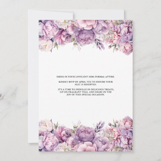 Paarse bloementhee met bruid om Vrijgezellenfeest  Kaart (Achterkant)