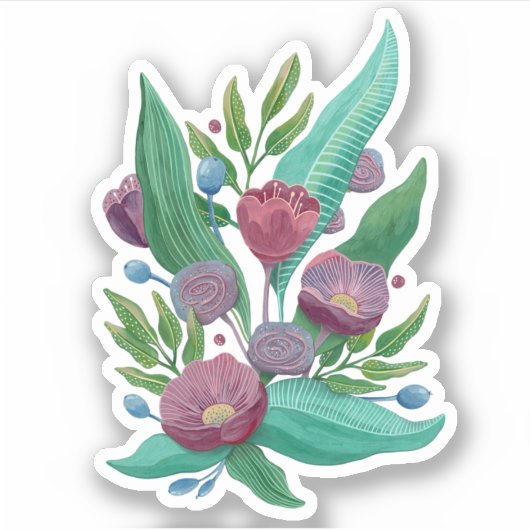 Paarse bloementuin. Geschilderde botanische bloeme Sticker (Voorkant)