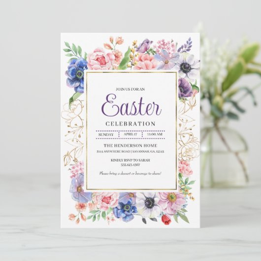 Paarse bloementuin Pasen viering Kaart (Staand voorkant)