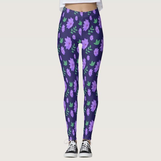 Paarse bloementuin print leggings (Voorkant)