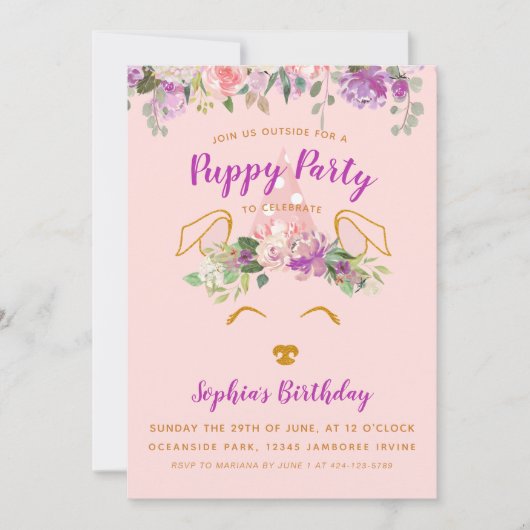 Paarse Bloementuin Puppy Party Verjaardag Goud Kaart (Voorkant)