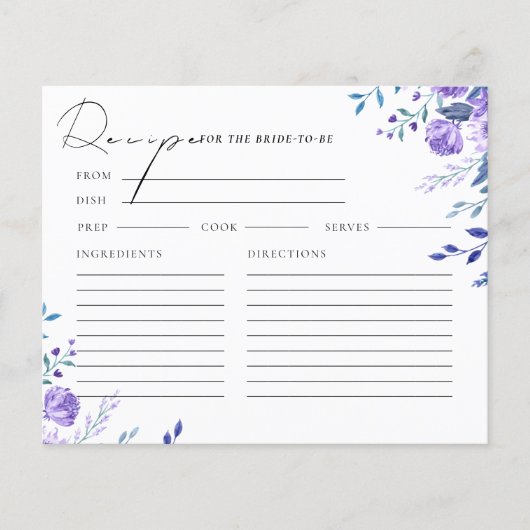 Paarse Bloementuin Vrijgezellenfeest Recept Kaart (Voorkant)