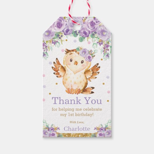 Paarse Bloemenuil 1e Verjaardagsfeestje Dank u Cadeaulabel (Voorkant)