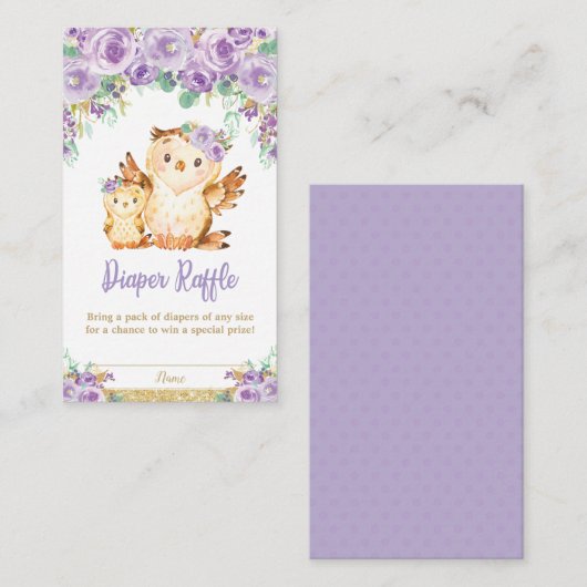 Paarse Bloemenuil Baby shower Luier Raffle Informatiekaartje (Voorkant / Achterkant)
