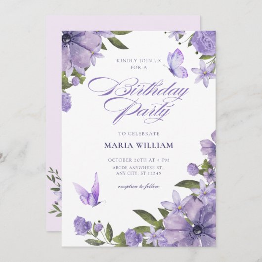 Paarse bloemenverjaardag kaart (Voorkant / Achterkant)