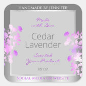 Paarse bloemenverpakkingsetiketten grijs zilver vierkante sticker (Voorkant)